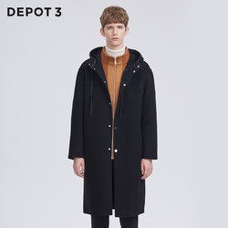 DEPOT3 男装大衣 原创设计品牌纯羊毛双面呢抽绳连帽保暖法式大衣