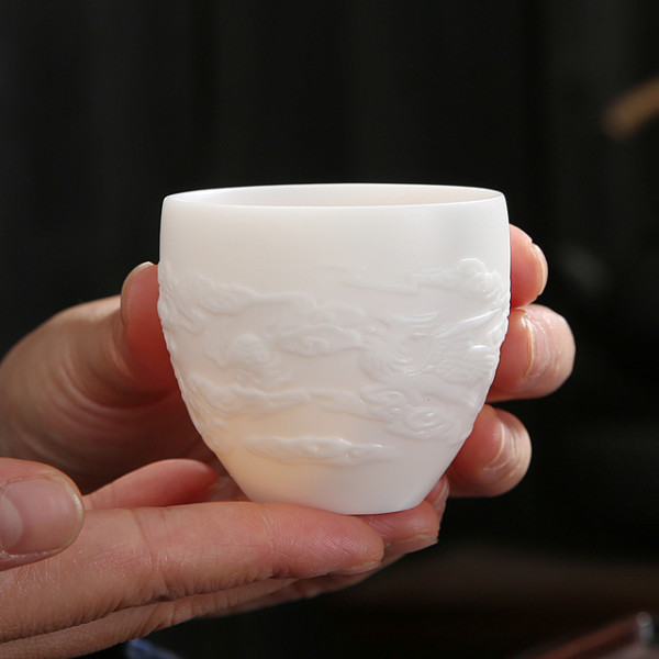 德化羊脂玉瓷茶杯龙凤小茶杯58x54cm容量100ml