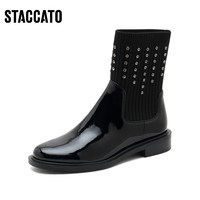 STACCATO 思加图 2021冬季新款英伦风瘦瘦靴袜靴仙女风中筒靴女皮靴EAJ12DZ1