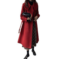 La Chapelle 2021年新款中长款双面羊绒呢子大衣新年红色西装毛呢外套女秋冬季女