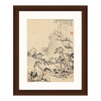 雅昌 华嵒《夕阳远眺图》38x46cm 宣纸 茶褐色实木框