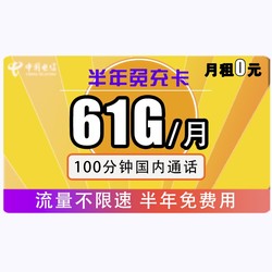 CHINA TELECOM 中国电信 半年免充卡 （31G通用流量+30G专属流量+100分钟通话）