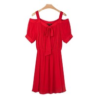 La Chapelle [LT新款]拉夏贝尔纯色连衣裙女装夏季新款高腰露肩收腰气质中长款裙子