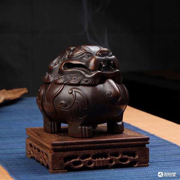 文玩_狻猊献瑞铜香炉 12.9x11x11cm 黄铜 失蜡法工艺 重约1550克.多少