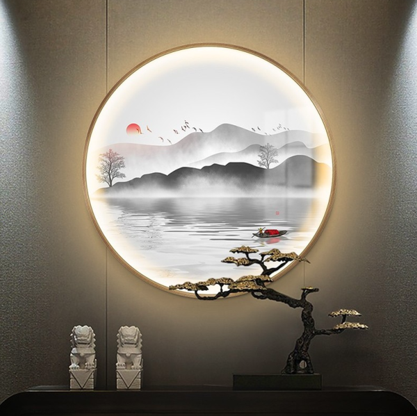 墨派家居新中式加灯圆形装饰画led发光画旭日东升直径50cm带灯开关插