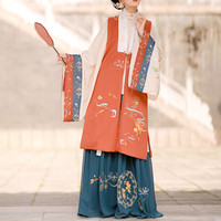 檀香阁 明制汉服 金鱼花火 女士长比甲立领对襟长衫齐腰裙 桔红色+蓝色 S