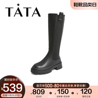 Tata 他她 2021冬时尚休闲方跟拼接长靴女靴百搭骑士靴新款WKP01DG1 黑色 35