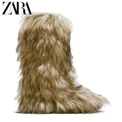 ZARA 秋冬新品 女鞋 天然色人造皮草效果毛毛中长靴 12167810111