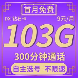 CHINA TELECOM 中国电信 电信手机卡不限速全国通用5g流量卡校园卡 （电信钻石卡）19元103G流量+300分钟+选号