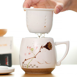 SHUSHI TEA CEREMONY 束氏茶道 350ml手绘陶瓷水杯茶具茶杯陶瓷办公杯花茶杯功夫泡茶杯茶水分离