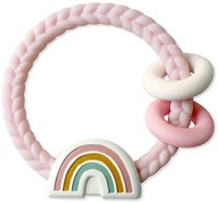 Itzy Ritzy 硅胶牙胶，带拨浪鼓；有咔嗒声、两个硅胶环和凸起的纹理，舒缓牙龈；适合3个月及以上婴儿；彩虹