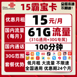 China unicom 中国联通 霸宝卡 15元月租（31GB通用流量+30GB定向流量+100分钟） 支持5G 两年套餐