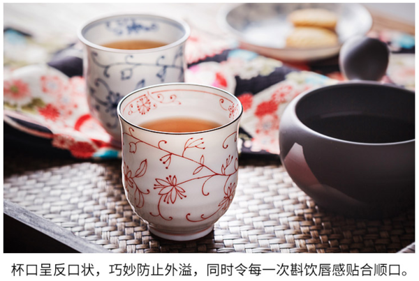 日本进口 光锋 线唐草茶杯单个 7.3x8cm 釉下彩 日式汤吞寿司茶杯