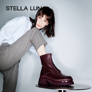 STELLA LUNA2021秋冬新款厚底牛皮革系带中跟短靴女齿轮鞋马丁靴