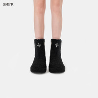SMFKFurry羊毛靴十字花黑色冬季加绒加厚保暖雪地靴S0004BF