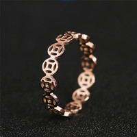 玫瑰金18K铜钱食指戒指女时尚个性韩版 网红钛钢 不掉色招财指环
