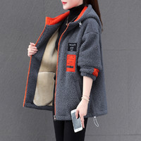 法星秀 羊羔绒外套女冬季韩版宽松撞色时尚连帽休闲开衫长袖上衣