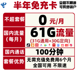 CHINA TELECOM 中国电信 半年免充卡（31G通用+30G定向+100分钟通话）