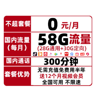 CHINA TELECOM 中国电信 新半年免充卡 0元/月