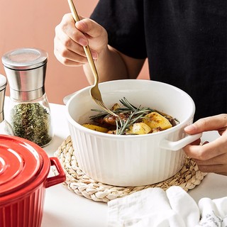 BW 博为 陶瓷碗带盖大号泡面碗汤碗汤盆家用双耳防烫日式大面碗沙拉碗 白色带盖-6.5寸