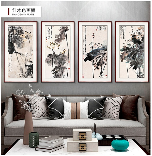 紫腾随轩 张大千 荷花泼墨画 40x80cm 油画布 红木色实木框 多款可选