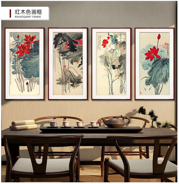 紫腾随轩 张大千 荷花泼墨画 40x80cm 油画布 红木色实木框 多款可选