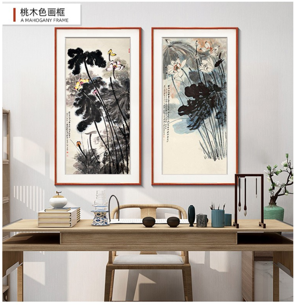 紫腾随轩 张大千 荷花泼墨画 40x80cm 油画布 红木色实木框 多款可选