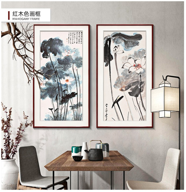 紫腾随轩 张大千 荷花泼墨画 40x80cm 油画布 红木色实木框 多款可选