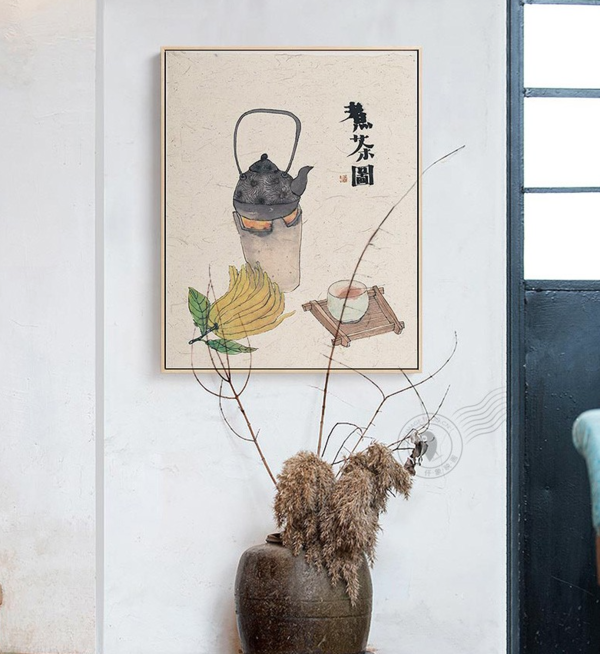 仟象映画 李知弥 新中式客厅装饰壁画《C款-煮茶图》60x80cm 油画布 浅木色实木框