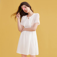 C&A 西雅衣家 春新款女款蕾丝飘带白色短袖连衣裙收腰设计感小清新女式裙子