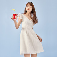 C&A 西雅衣家 夏季款女款个性V领设计感短袖连衣裙收腰时尚气质女式裙子