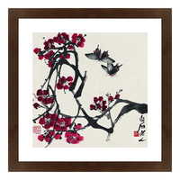 雅昌 齐白石《红梅双蝶》47x47cm 宣纸 咖啡红实木框