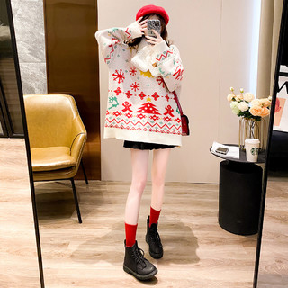 秋冬新款韩版宽松复古针织衫上衣减龄圣诞风卡通圆领套头毛衣女