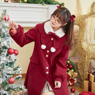 圣诞节限定大衣外套女中长双面呢加厚红色JK制服秋冬季 大红色 S