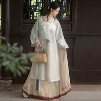 桔屿 明制汉服 茶 女士圆领长衫主腰马面裙 长款 浅绿色 M