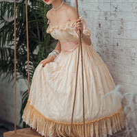 Bitter Sweet 白英工作室 Lolita洛丽塔 卢浮晚梦 女士OP有袖连衣裙 浅黄色 M