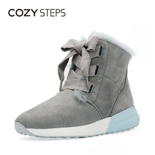 COZY STEPS雪地靴女皮毛一体冬季新款时尚交叉绑带保暖短筒马丁靴（35、深蓝色绒面）