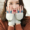 手套女冬季保暖可爱韩版卡通日系学生露指翻盖骑车针织半指秋冬天（均码、触屏款 黑色）