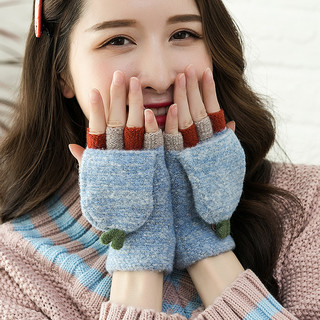 手套女冬季保暖可爱韩版卡通日系学生露指翻盖骑车针织半指秋冬天（均码、触屏款 深蓝色）