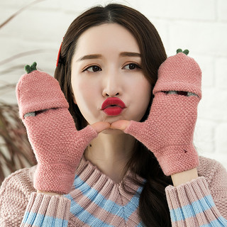 手套女冬季保暖可爱韩版卡通日系学生露指翻盖骑车针织半指秋冬天（均码、触屏款 深蓝色）