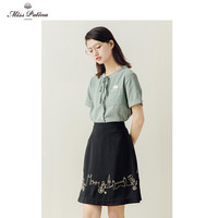 MP英伦复古原创设计 薄荷绿萌猫High five学院风格子短袖全棉衬衫（M、绿色格子）