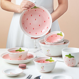 悠米兔草莓多陶瓷碗盘组合可爱饭碗餐菜盘高颜值碗碟套装家用餐具