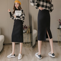 黑色针织半身裙中长款秋冬2020秋季新款直筒高腰毛线裙开叉一步裙（F（建议体重80-125斤）、焦糖67CM156身高以下）