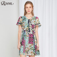 Roem夏季气质度假系带a字碎花连衣裙短袖收腰裙RCOW82602C（155/XS、混色99）