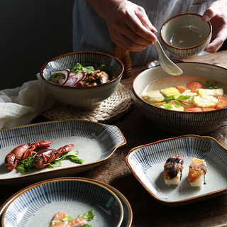 日式碗碟套装家用4人陶瓷碗筷盘子2人碗盘一人食餐具复古创意饭碗（【蓝雨】6件套装）