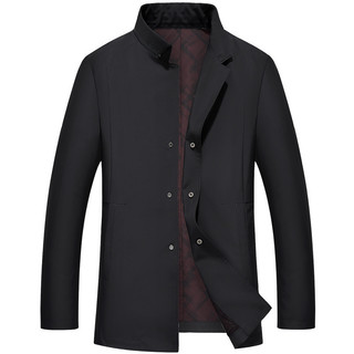 恒源祥立领纯色单夹克 2021春季新款外套中年男装休闲中长款茄克（190/104A、黑色）
