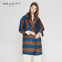 MECITY女春秋复古茧型大翻领条纹撞色羊毛混纺毛呢大衣外套