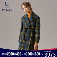 Hazzys哈吉斯毛呢大衣女中长款2019新款格子秋冬宽松休闲呢子外套