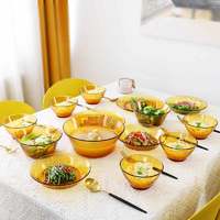 DURALEX 多莱斯 法国DURALEX/多莱斯进口餐具家用碗碟套装6人简约透明钢化玻璃碗（咖啡色4人餐具双耳款）