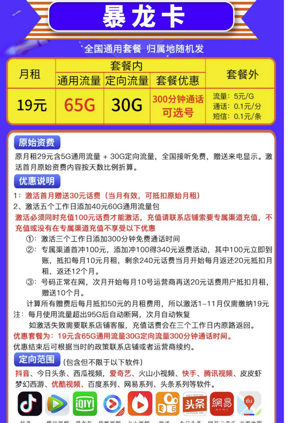 CHINA TELECOM 中国电信 暴龙卡 19元月租（65G通用流量+30G定向流量+300分钟通话）